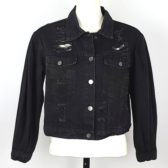 Shein Distressed Cropped  Black Denim Jean Jacket Puffy Sleeves Size XS - Picture 1 of 15